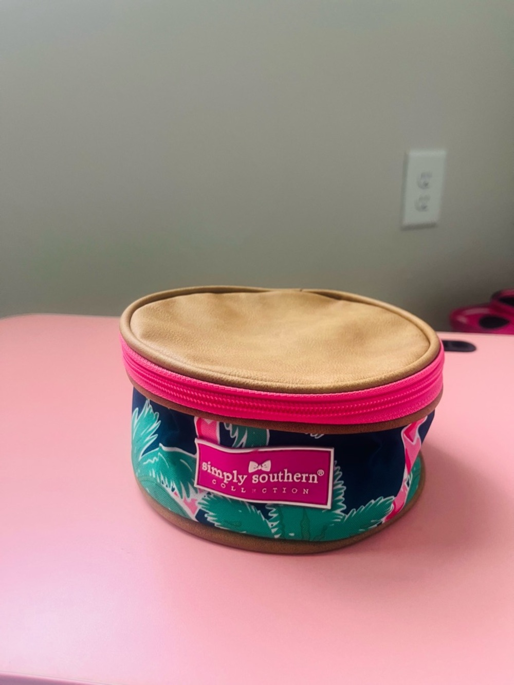 Simply Southern Navy Palm Print Cosmetic Case with Hot Pink Trim